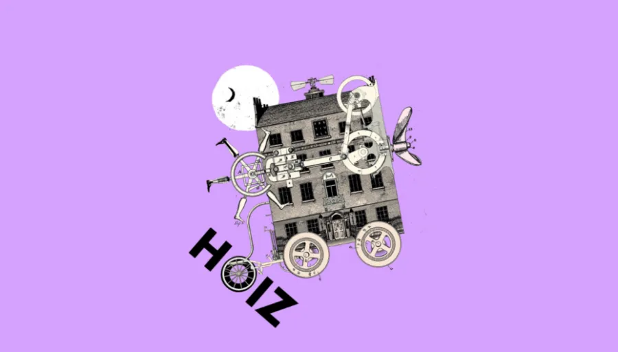 Na fioletowym tle monochromatyczna grafika artystyczna przedstawiająca kamienicę i elementy fantastyczne oraz napis HOIZ   