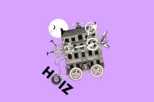 Na fioletowym tle monochromatyczna grafika artystyczna przedstawiająca kamienicę i elementy fantastyczne oraz napis HOIZ   