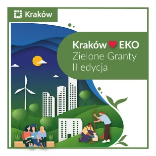 Kraków EKO, Zielone Granty II edycja, ilustracja z naturą, budynkami i ludźmi.