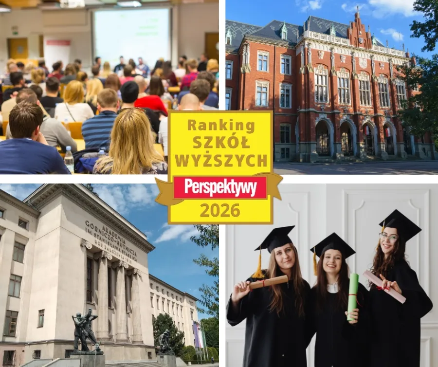 Ranking szkół wyższych 2026, zdjęcia uczelni i studentów w togach.