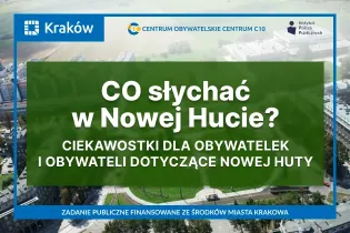 Baner cyklu "Co słychać w Nowej Hucie". W tle zdjęcie Nowej Huty.