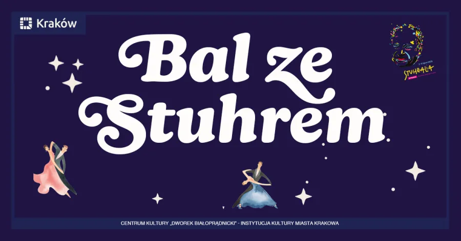 Bal ze Stuhrem, stylizowane postacie tańczące na ciemnym tle.