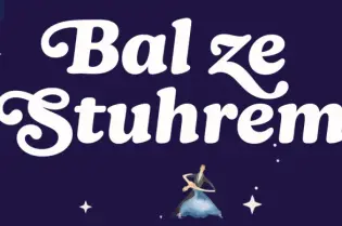 Bal ze Stuhrem, stylizowane postacie tańczące na ciemnym tle.