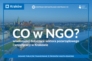 Baner cyklu " CO w NGO? wiadomości dotyczące sektora pozarządowego i współpracy w Krakowie". W tle zdjęcie Krakowa.