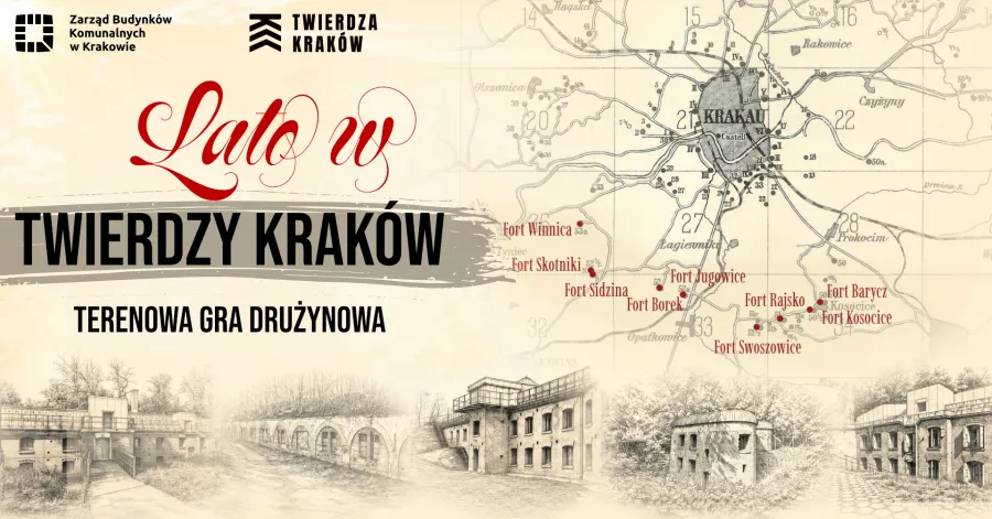 Lato w Twierdzy Kraków, mapa z fortami i informacjami o grze drużynowej.