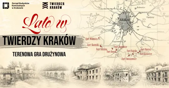 Lato w Twierdzy Kraków, mapa z fortami i informacjami o grze drużynowej.