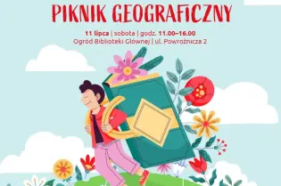 Piknik geograficzny z datą, godziną i lokalizacją w tle z postacią niosącą plecak.