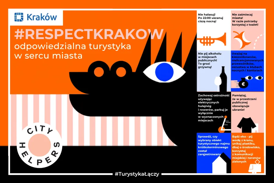 Grafika promująca odpowiedzialną turystykę w Krakowie z hashtagiem #RESPECTKRAKOW.