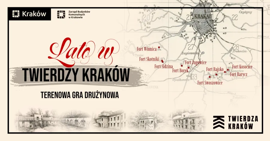 Lato w Twierdzy Kraków, terenowa gra drużynowa, z mapą fortów i lokalizacjami.