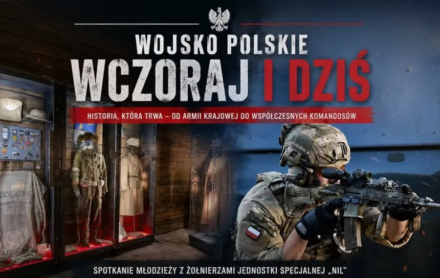 Wystawa historyczna o polskim wojsku, eksponaty mundurów i sprzętu wojskowego.