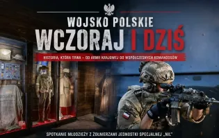 Wystawa historyczna o polskim wojsku, eksponaty mundurów i sprzętu wojskowego.