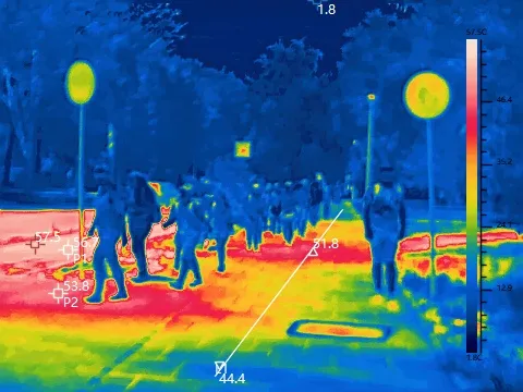 Zdjęcie z kamery termowizyjnej zrobione w lipcu 2025r. przy al. Solidarności w ramach badania Miejskiej Wyspy Ciepła w Krakowie