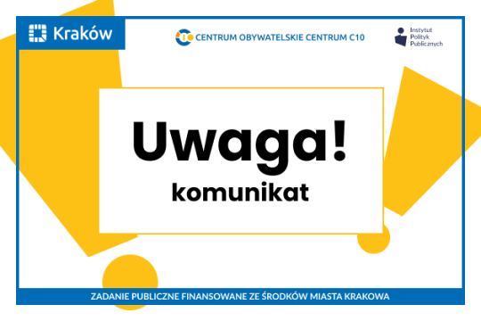 Baner "Uwaga! Komunikat". W tle dwa, żółte wykrzykniki. 