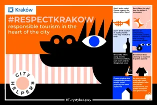 Plakat promujący odpowiedzialną turystykę w Krakowie z zasadami dla turystów.