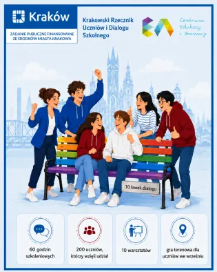 Grupa młodzieży rozmawia w parku, w tle widoczne budynki Krakowa. Informacje o programie edukacyjnym.