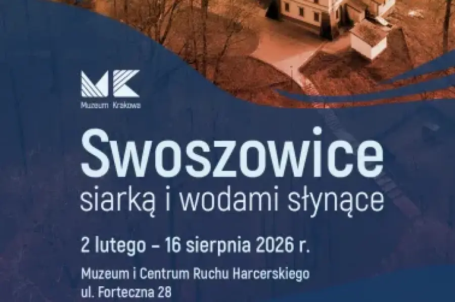 Plakat promujący wystawę o Swoszowicach, z datami i lokalizacją wydarzenia.