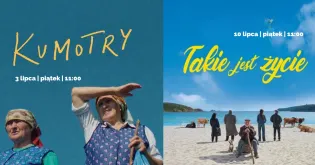 Plakaty filmowe z tytułami Kumotry i Takie jest życie oraz datami projekcji.