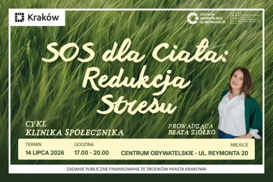 Plakat promujący wydarzenie "SOS dla Ciała: Redukcja Stresu" z datą i godziną.