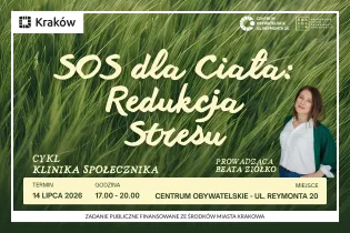 Plakat promujący wydarzenie "SOS dla Ciała: Redukcja Stresu" z datą i godziną.