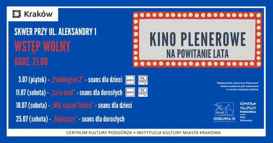 Kino plenerowe w Krakowie, program seansów na lipiec, wstęp wolny.