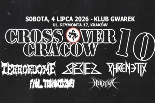 Plakat wydarzenia Crossover Cracow 10 z datą, miejscem i nazwiskami wykonawców.