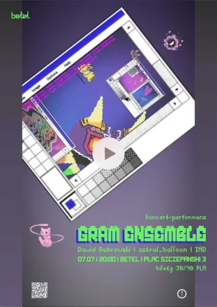 Plakat koncertu Gram Ensemble z grafiką retro i informacjami o wydarzeniu.