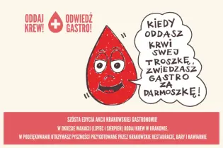 Krew w kształcie kropli z uśmiechniętą twarzą, informacje o akcji oddawania krwi i gastronomii w Krakowie.