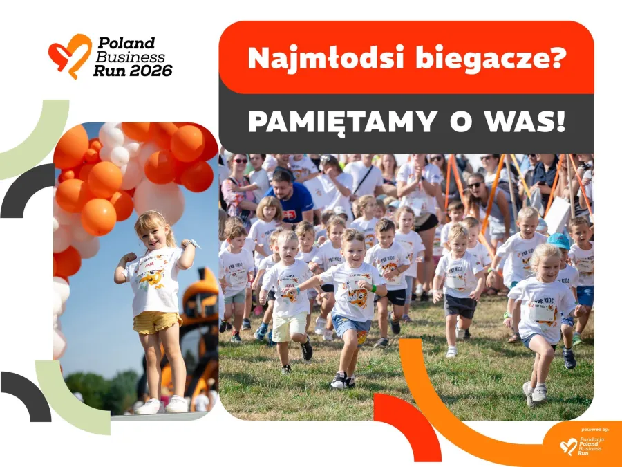 Dzieci biegające w zawodach, radosna atmosfera, kolorowe balony.