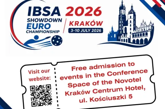 Plakat promujący IBSA Showdown Euro Championship 2026 w Krakowie, odbywający się w dniach 3–10 lipca 2026. 