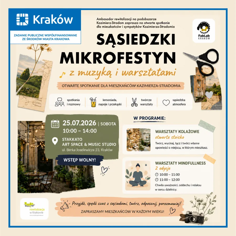 Mikrofestyn w Krakowie z muzyką i warsztatami, 25.07.2026, godz. 10:00-14:00, Kazimierz-Strad