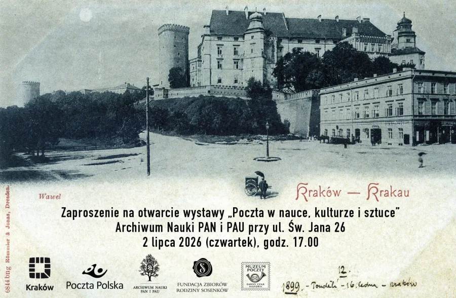 Zaproszenie na otwarcie wystawy "Poczta w nauce, kulturze i sztuce" w Krakowie.
