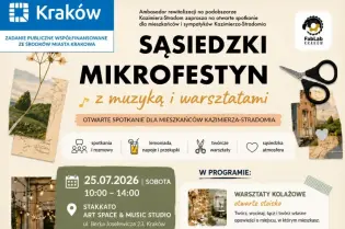 Plakat promujący SĄSIADZKI MIKROFESTYN z muzyką i warsztatami w Krakowie, 25.07.2026.