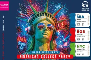 Plakat promujący imprezę Silent Disco Party z informacjami o miastach i dacie.