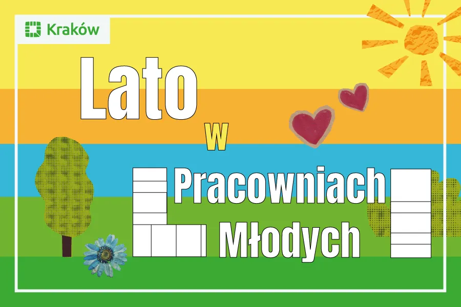 Lato w Pracowniach Młodych, kolorowa grafika z drzewami, sercami i słońcem.