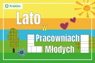 Lato w Pracowniach Młodych, kolorowa grafika z drzewami, sercami i słońcem.