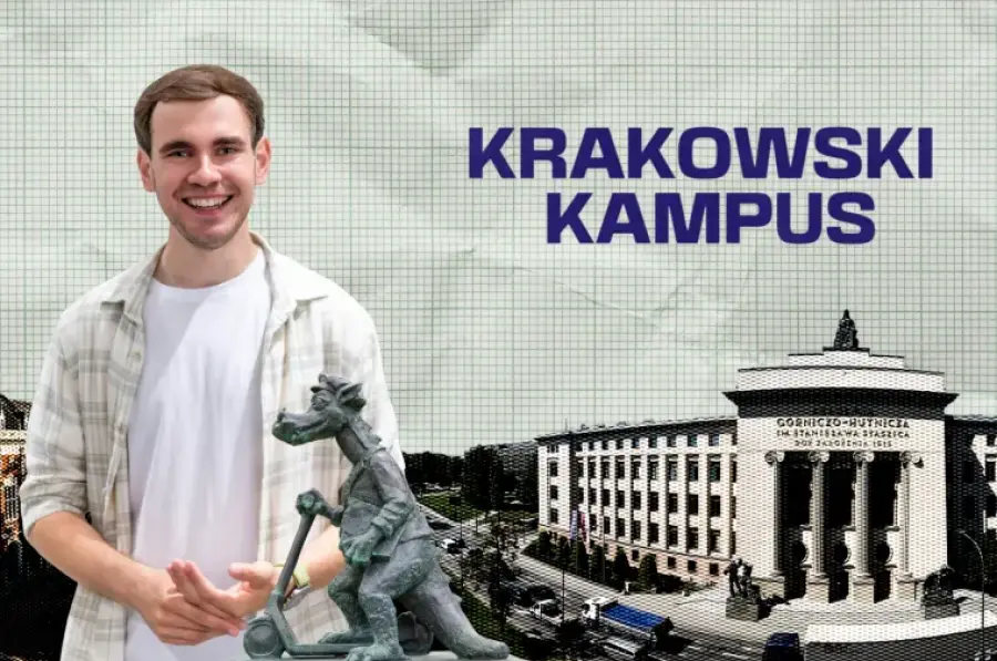 Krakowski kampus z postacią smoka i uśmiechającym się mężczyzną.