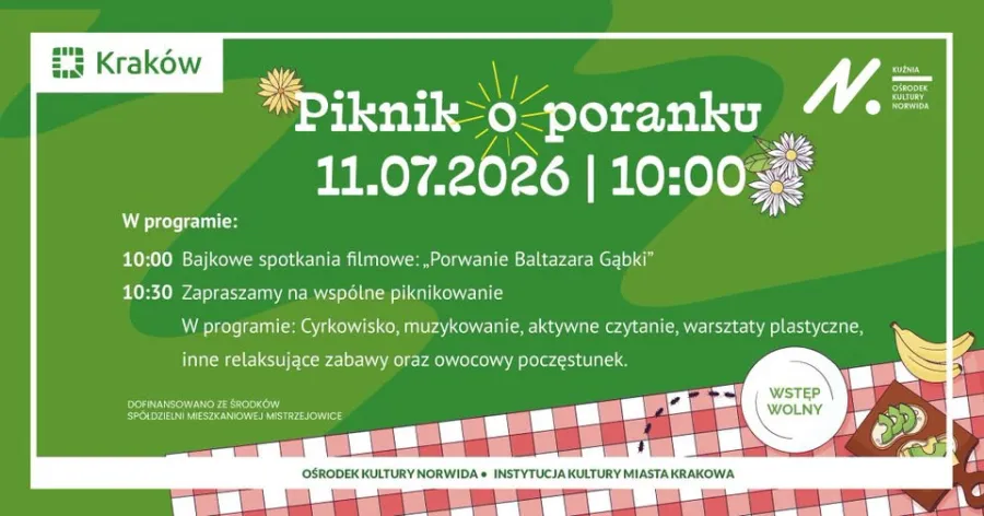Piknik o poranku w Krakowie, program z bajkami, muzyką i zabawami dla dzieci. Wstęp wolny.