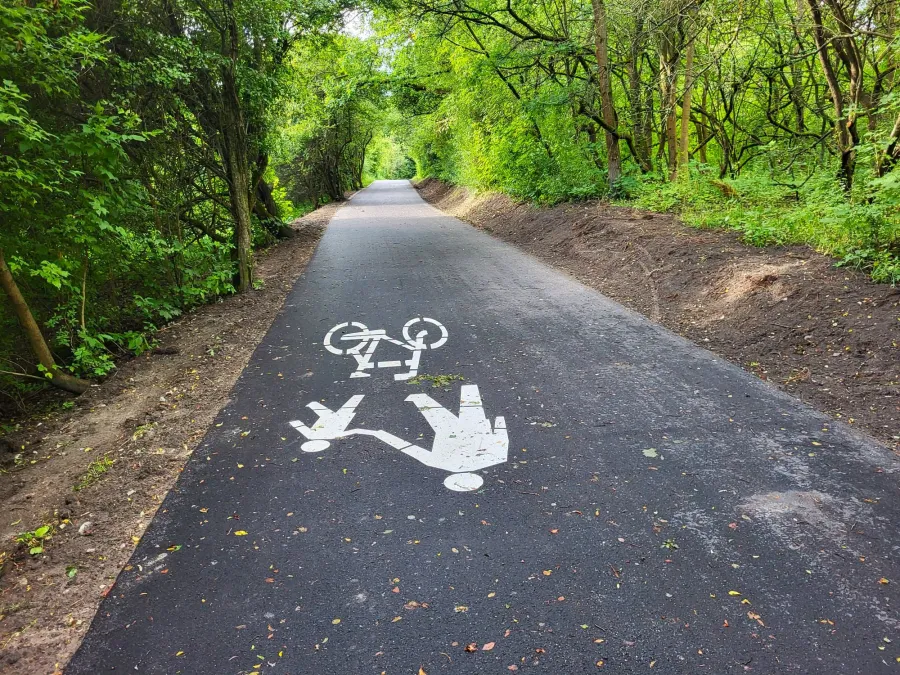 Ścieżka rowerowa z namalowanymi symbolami rowerzysty i pieszego.
