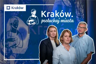 Kraków, postuchaj miasta, trzy osoby w tle z grafiką.