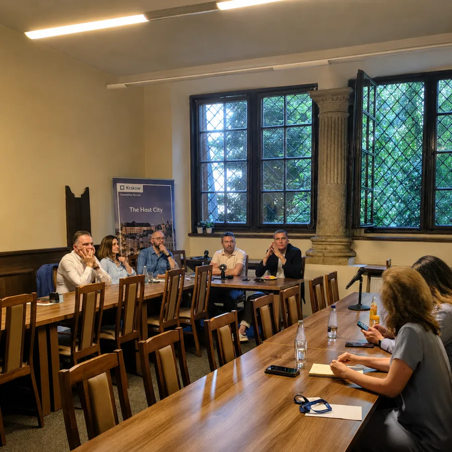 Spotkanie w sali konferencyjnej z uczestnikami przy stole.