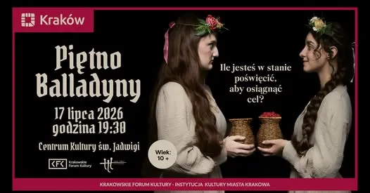 Plakat wydarzenia "Piętro Balladyny" w Krakowie, data i godzina, informacje o wieku.