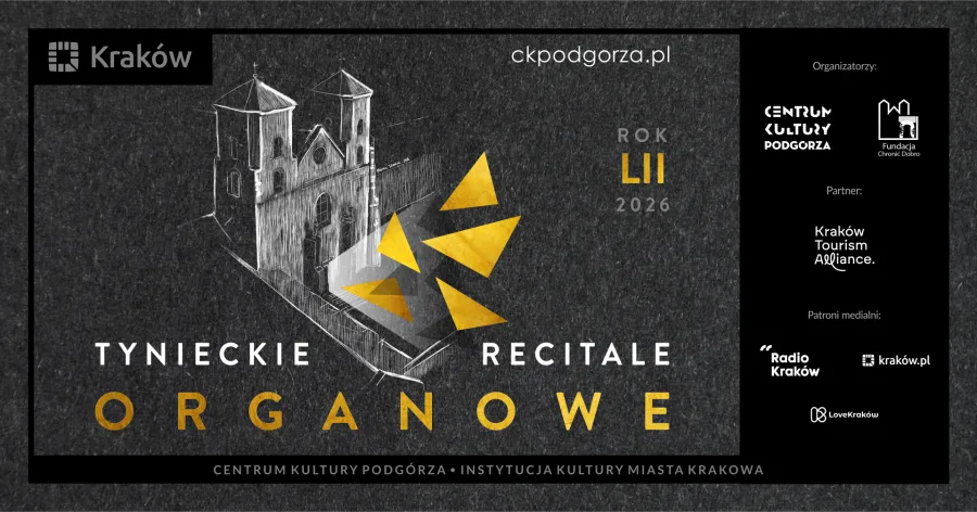 Plakat promujący Tynieckie Recitale Organowe w Krakowie, z grafiką kościoła i złotymi trójkątami.