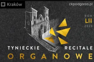 Plakat promujący Tynieckie Recitale Organowe w Krakowie, z grafiką kościoła i złotymi trójkątami.