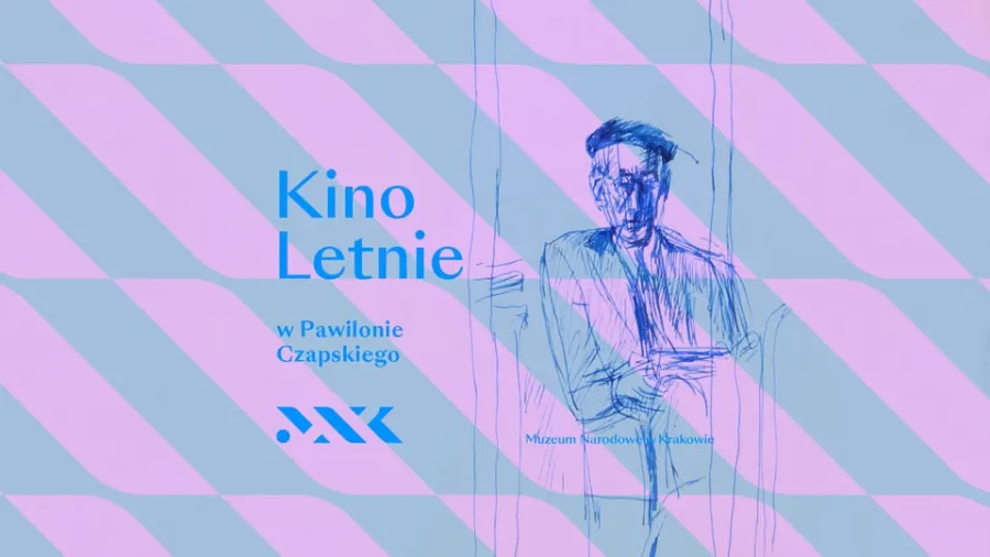 Kino Letnie w Pawilonie Czapskiego, grafika z rysunkiem postaci na tle kolorowych pasów.