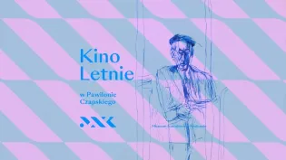Kino Letnie w Pawilonie Czapskiego, grafika z rysunkiem postaci na tle kolorowych pasów.
