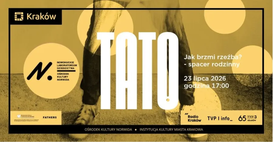 Plakat wydarzenia "TATO" w Krakowie, spacer rodzinny 23 lipca 2026 o 17:00.
