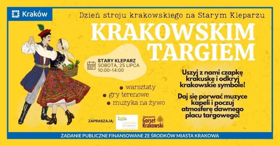 Dzień stroju krakowskiego z warsztatami, muzyką na żywo i grami terenowymi w Starym Kleparzu.