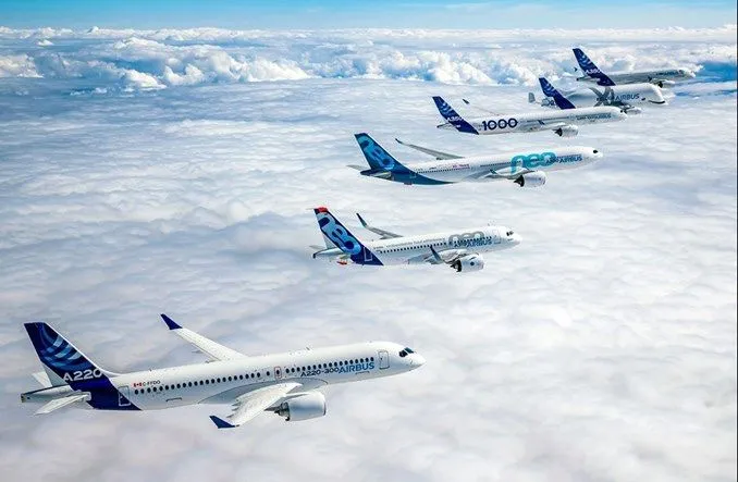 Grupa samolotów Airbus w locie nad chmurami.