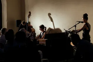Muzycy grający na instrumentach w kameralnej atmosferze koncertu.