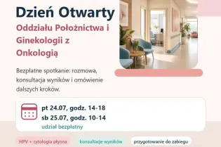 Dzień Otwarty Oddziału Położnictwa i Ginekologii z informacjami o konsultacjach i wynikach.